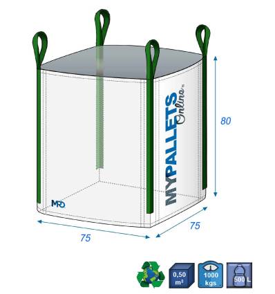 Big Bag tuinafval 75 x 75 x 80 cm - 1000 kg Volledige opening en gesloten platte bodem