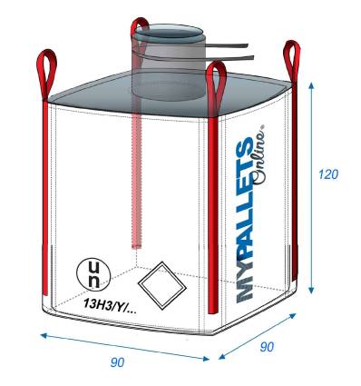 Big Bag para pós e produtos perigosos 90 x 90 x 120 - 1500 kg ONU 13H3Y Bocal de enchimento 45 x 50