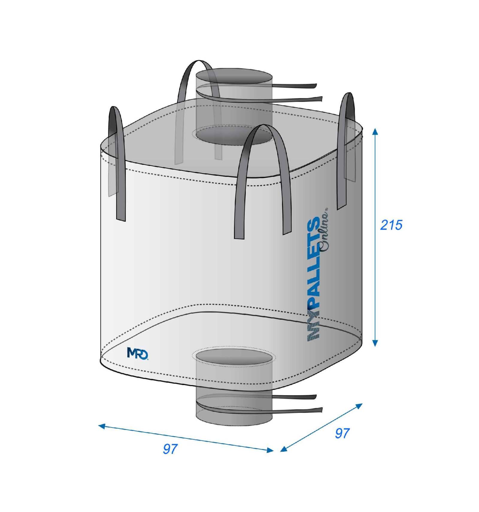 Bigbag, grote inhoud 2 m³, waterdicht, 97 x 97 x 215 cm, 1250 kg