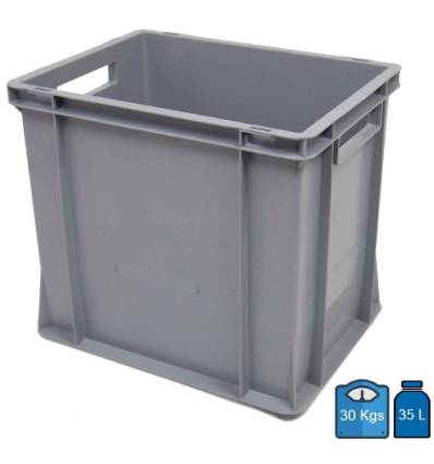 Caixa de plástico Euro 400 x 300, com fundo e paredes sem orifícios, 35 litros