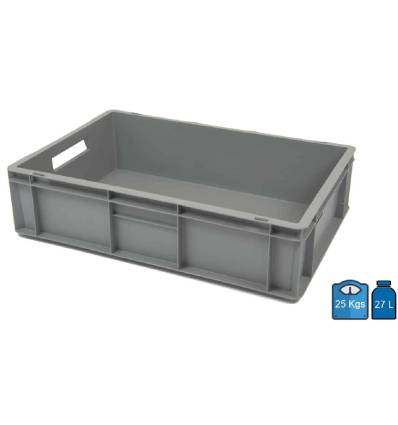Caixa de plástico norma Euro 600 x 400, fundo e laterais sólidos, 27 litros