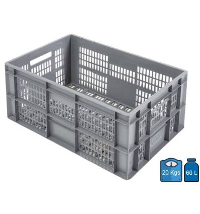 Caixa de plástico Norma Euro 600 x 400 com fundo e laterais vazados — Capacidade 60 litros