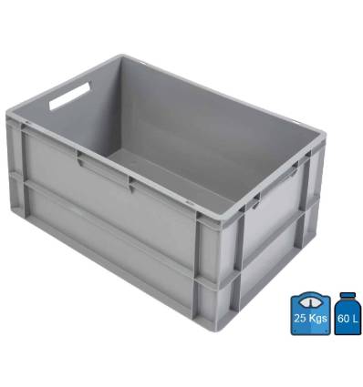 Caixa de plástico norma Euro 600 x 400 — fundo e paredes sólidos — capacidade 60 litros