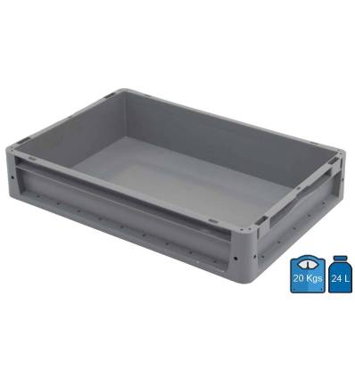 Caixa de plástico 600 x 400 com fundo curvo — capacidade: 24 litros.