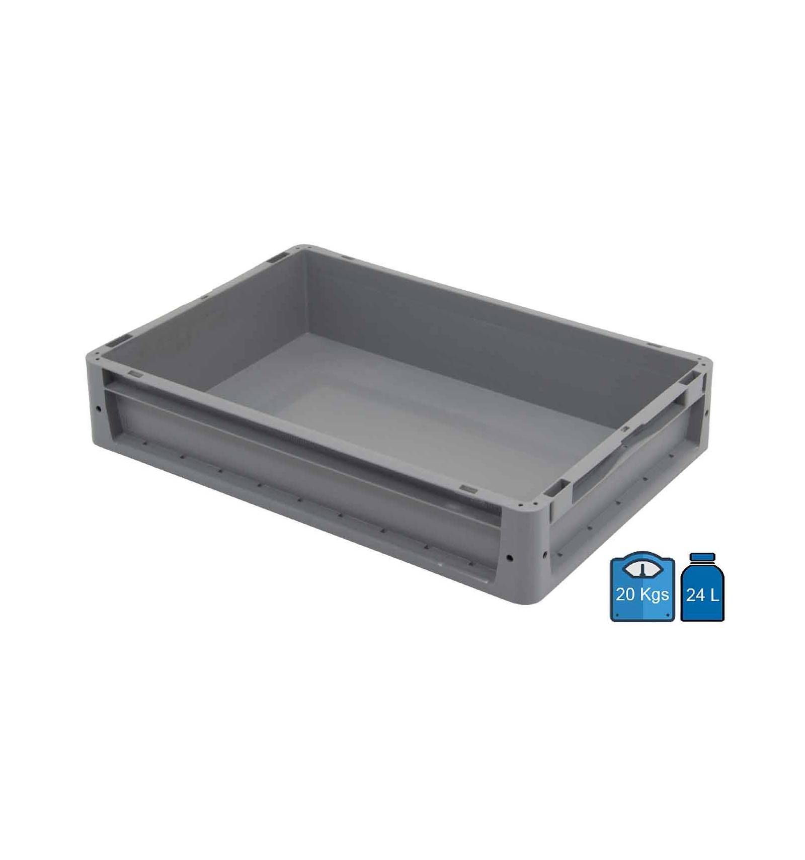 Caixa de plástico 600 x 400 com fundo curvo — capacidade: 24 litros.