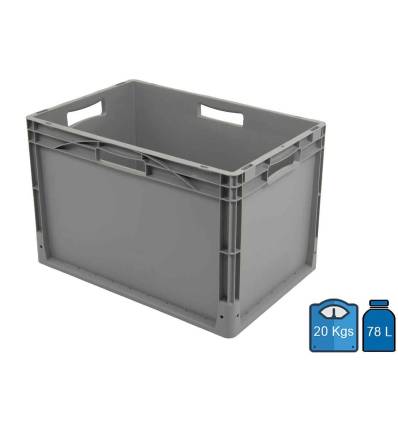 Caixa de plástico 600 x 400 com fundo perfurado — capacidade de 78 litros.