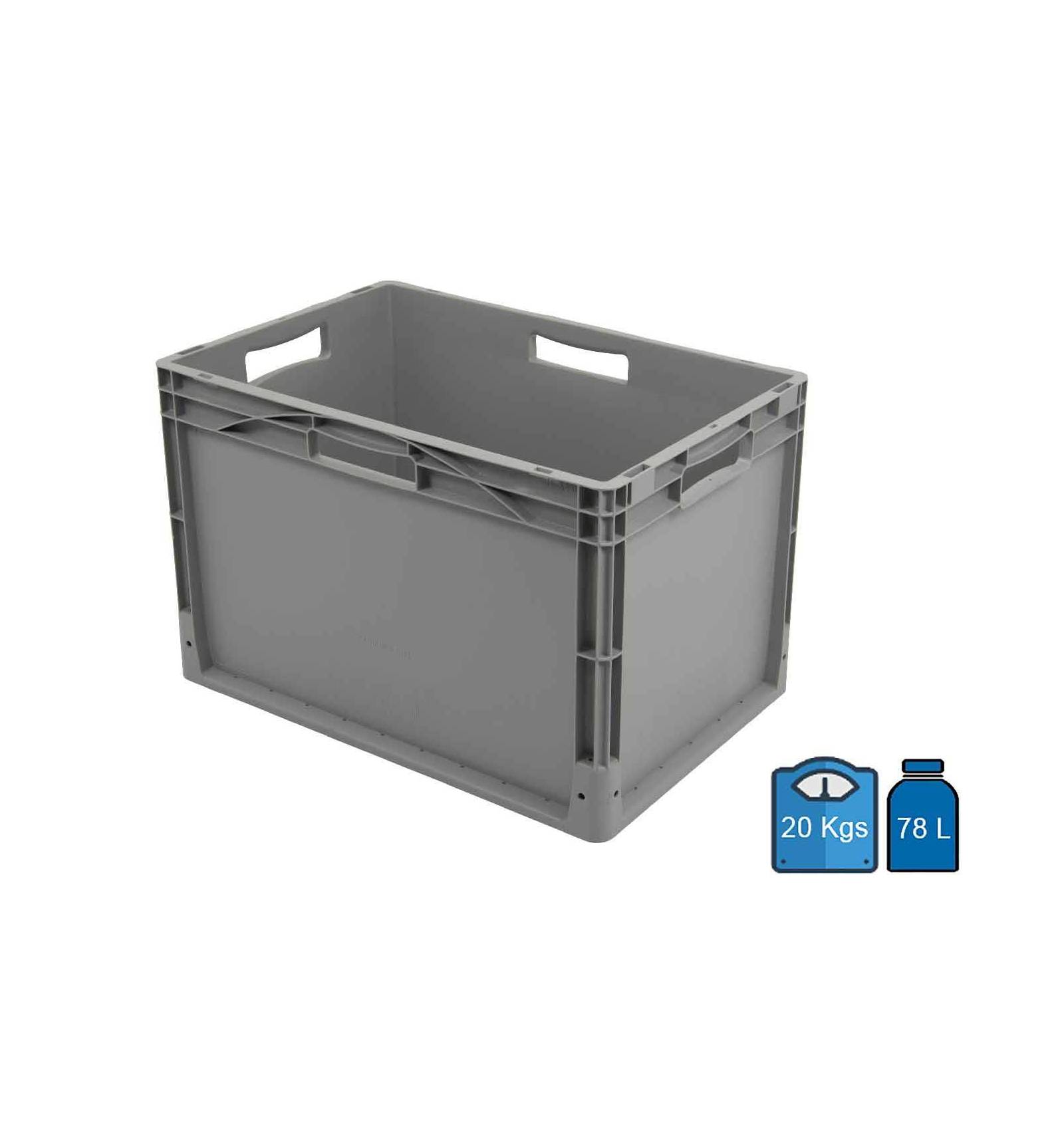 Caixa de plástico 600 x 400 com fundo perfurado — capacidade de 78 litros.