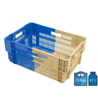 Kunststof bak 400 x 600, nestbaar met geperforeerde bodem en wanden, 47 liter