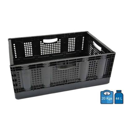 Vouwbare kunststofbak 600 x 400, versterkte bodem en geperforeerde wanden - 4 open handgrepen, 44 liter