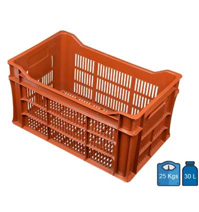 Caixa de plástico para agricultura 500 x 300 com fundo e laterais vazados e alças fechadas — 30 L