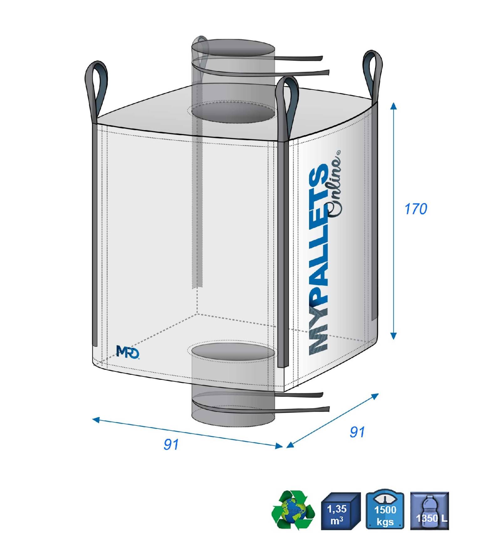 Big Bag para pós e farinhas alimentares 91 x 91 x 170 - 1500 kg - Calha de enchimento - Calha de descarga