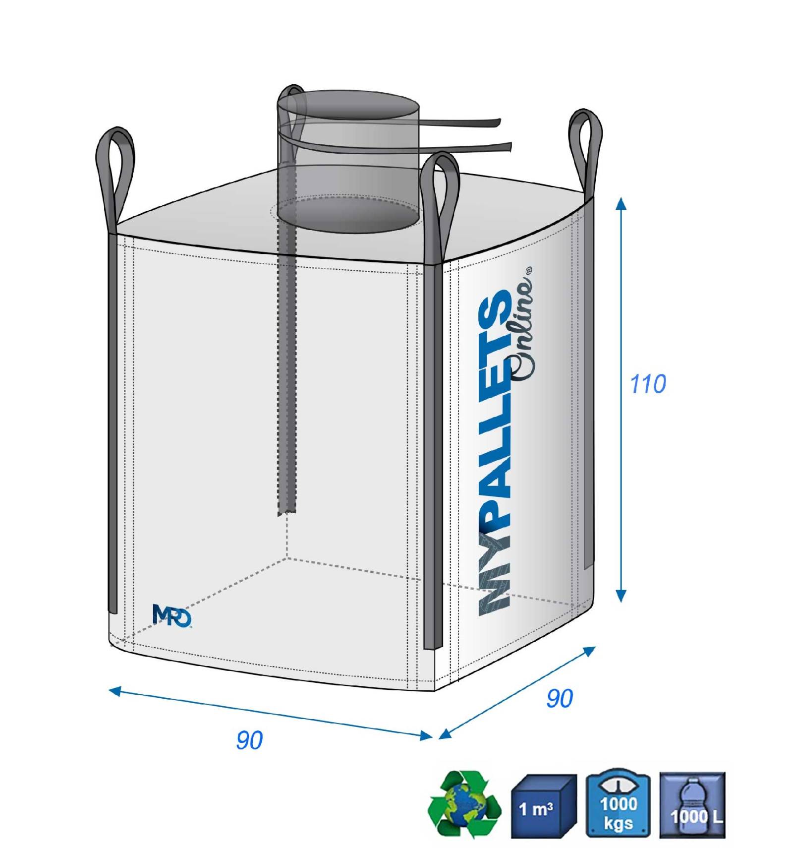 Gelamineerde Big Bag met waterdichte naden 900 liter 90x90x110 1000 kg